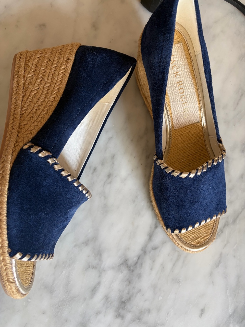 Jack Rogers Palmer Wedge Navy Suede Espadrille Open Toe, Womens 8 US, New